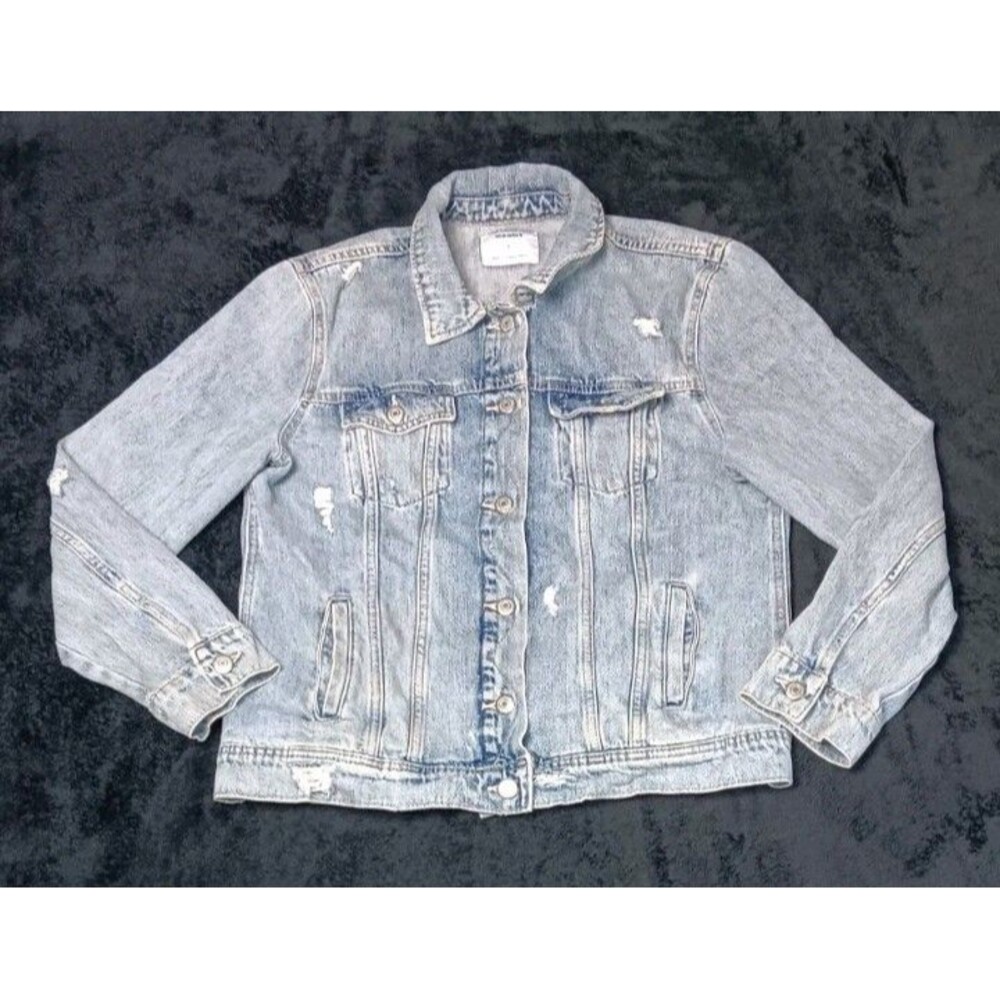 Old Navy Denim Jean Trucker Jacket Womens L Light Wash Distressed Punk Grunge
